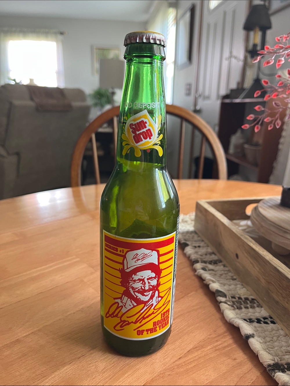 Sun Drop Dale Earnhardt themed Green Glass Bottle with Retro Yellow-Red Label